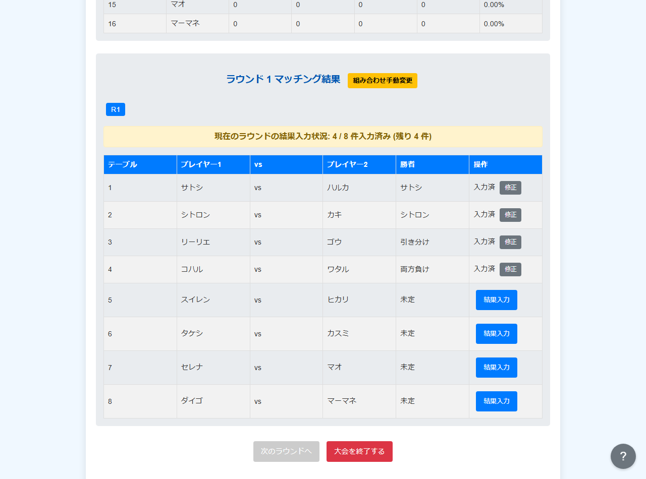 つどい 対戦・結果（順位表）タブ画面